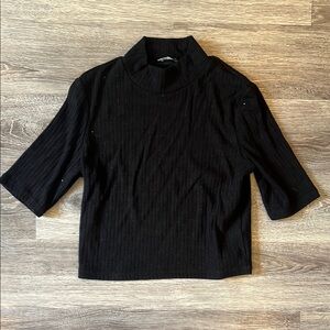 Zara Black Ribbed Boxy Crop Top with Mandarin Collar